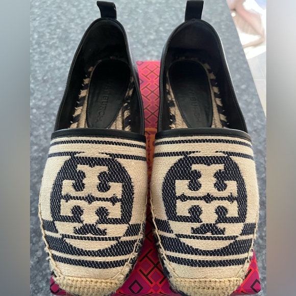 Tory Burch Shoes - Tory Burch Black and Cream Logo Espadrille Flats